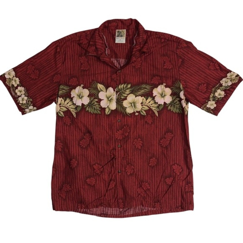 Winnie Fashion Men's XL Red Stripe Hibiscus Hawaiian Shirt Cotton Summer Hawaii